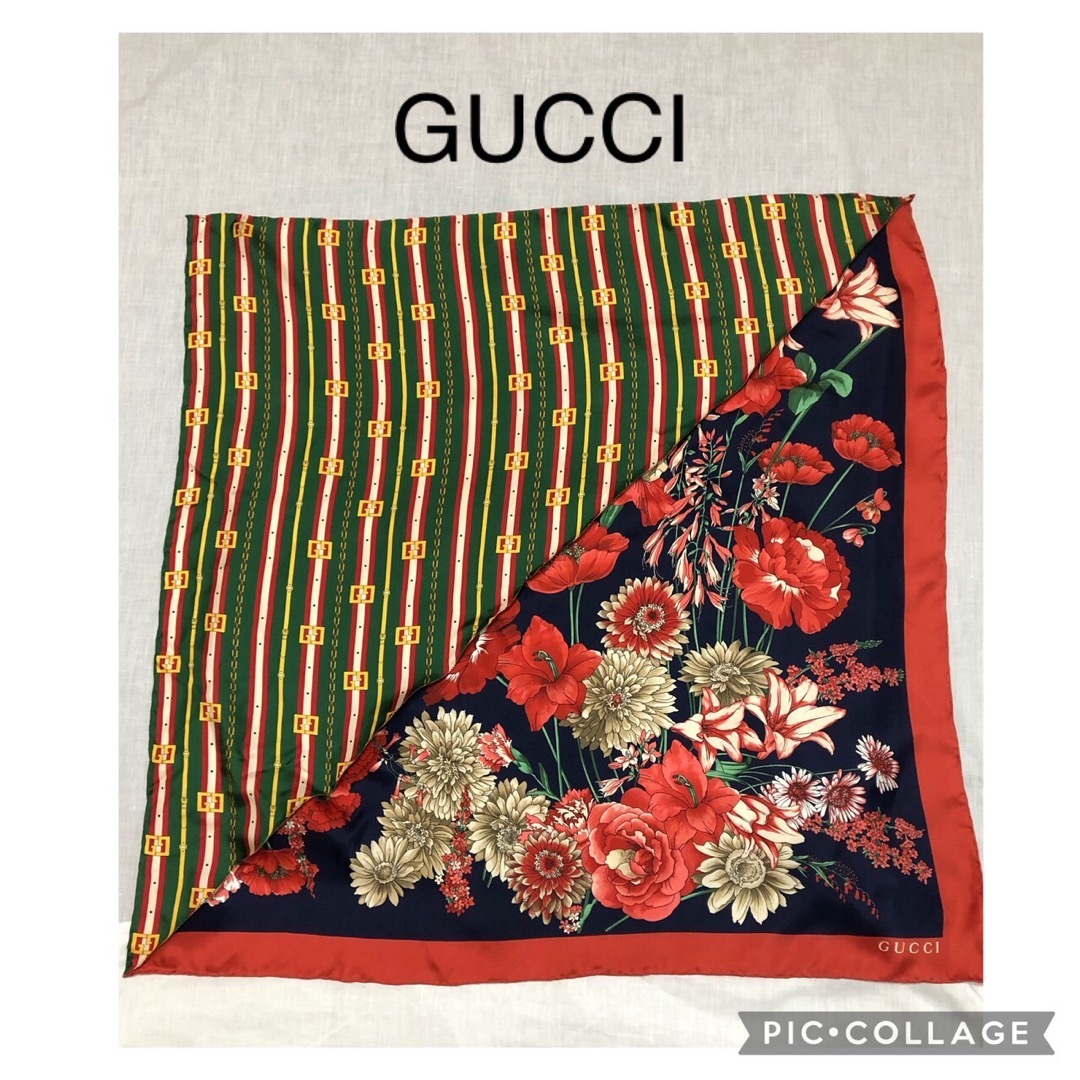 GUCCI グッチ 花柄/GG柄 大判シルクスカーフ 稀少品 買取見積書有り-