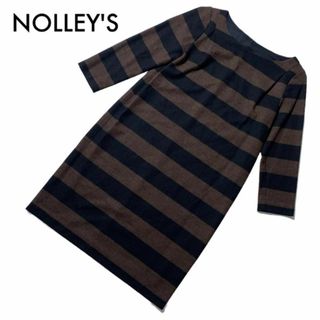 ノーリーズ(NOLLEY'S)の美品 ノーリーズ ワンピース 36 S 膝丈 ストライプ柄 黒 リボン ウール(ひざ丈ワンピース)