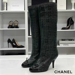 シャネル(CHANEL)の6262 シャネル ココマーク リボン チェーン ファブリック パテント ブーツ(ブーツ)