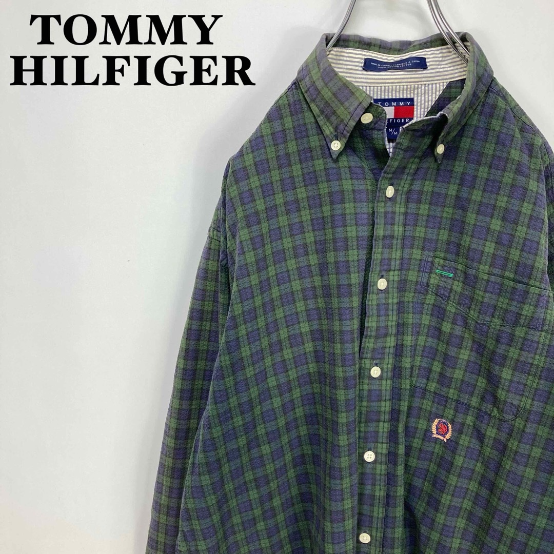 トミーヒルフィガー リップル生地 チェック 刺繍ロゴ 長袖シャツ 4243