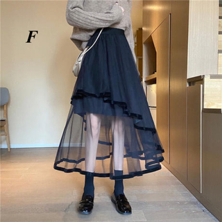 アシンメトリー 個性派 メッシュ スカート モード フレアスカート ブラック  (ロングスカート)