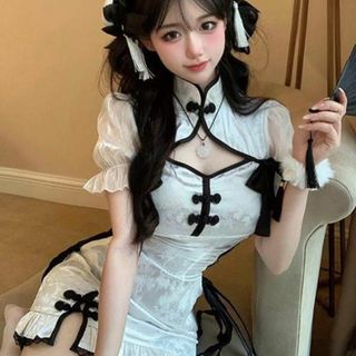 チャイナ服 ホワイト S チャイナドレス コスプレ 大人 ミニスカート スリット(衣装一式)