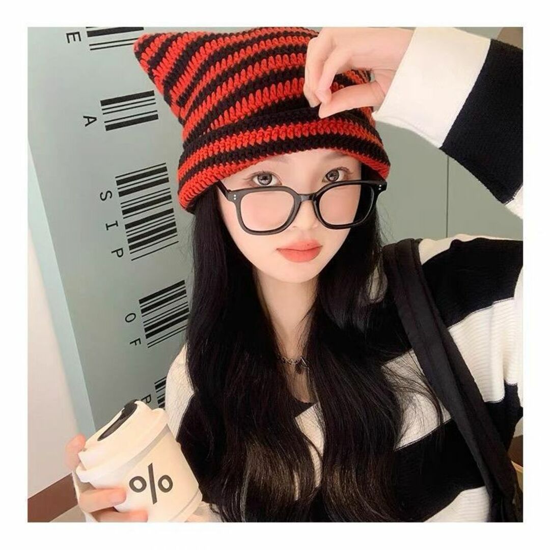 猫耳帽子#ピンク系ボーダーニット帽子#韓国K-pop - 帽子