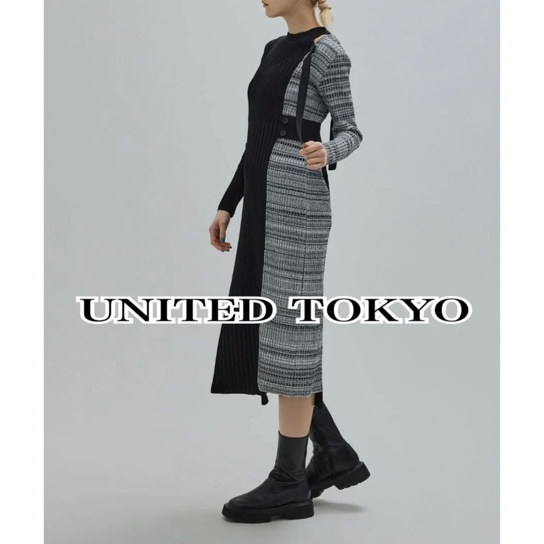 極美品　UNITED TOKYO バーティカルパターンニットワンピース黒　フリー