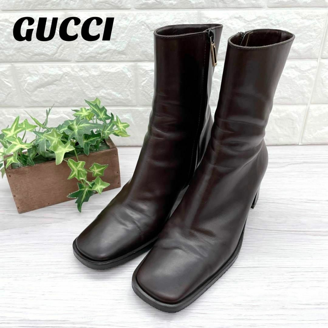 Gucci - GUCCI グッチ ブーツ サイドジップ スクエアトゥ レザー 24.0