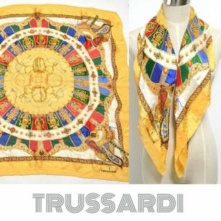 トラサルディ(Trussardi)のトラサルディ■美品　織り柄入りロゴ入りタッセル＆ビジュー大判シルクスカーフ(バンダナ/スカーフ)