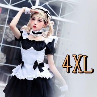 大きいサイズ 4XLリボン　コスプレ　可愛いメイド服 ロリータ 黒　7点セット(その他)