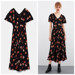 ザラ(ZARA)の美品　ZARA 花柄ロングワンピース　フラワープリント　半袖　黒　フレア(ロングワンピース/マキシワンピース)