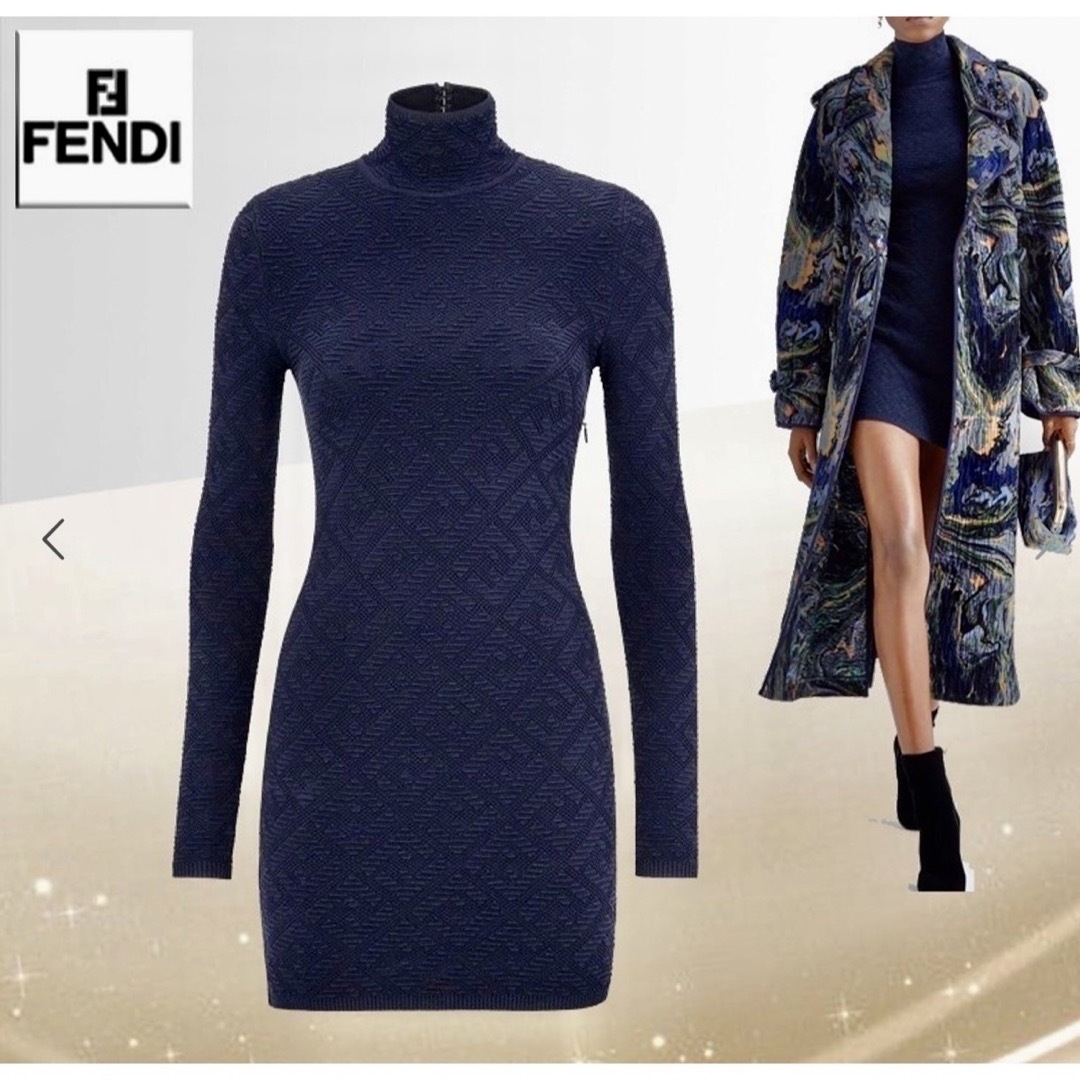 FENDI ★フェンディ ★FF柄ニットワンピース38★ ネイビー