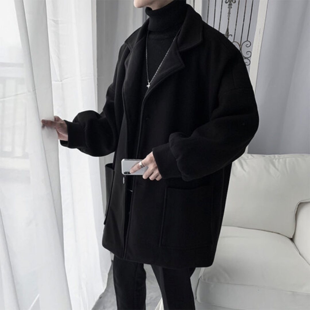 ビッグシルエット チェスターコート ロングコート ブラック メンズ  XLサイズ メンズのジャケット/アウター(チェスターコート)の商品写真