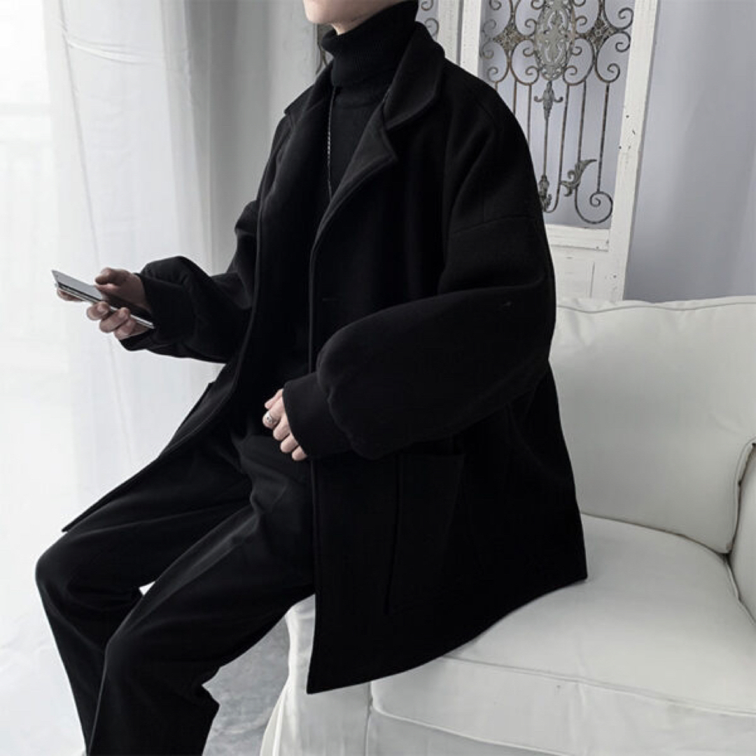 ビッグシルエット チェスターコート ロングコート ブラック メンズ  XLサイズ メンズのジャケット/アウター(チェスターコート)の商品写真