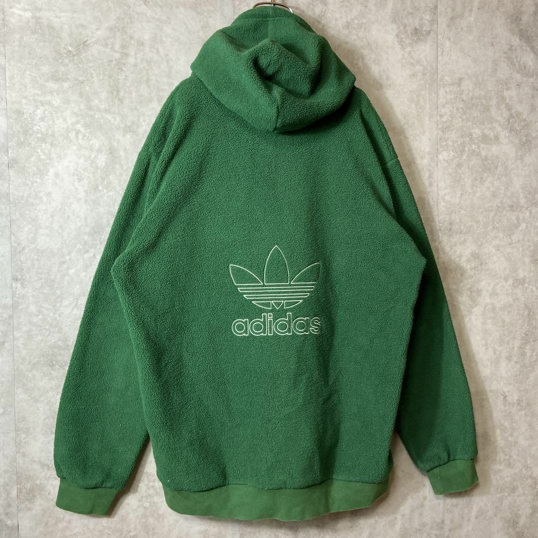 【人気グリーン】adidasフリースパーカー両面刺繍ロゴ緑ストリートXL