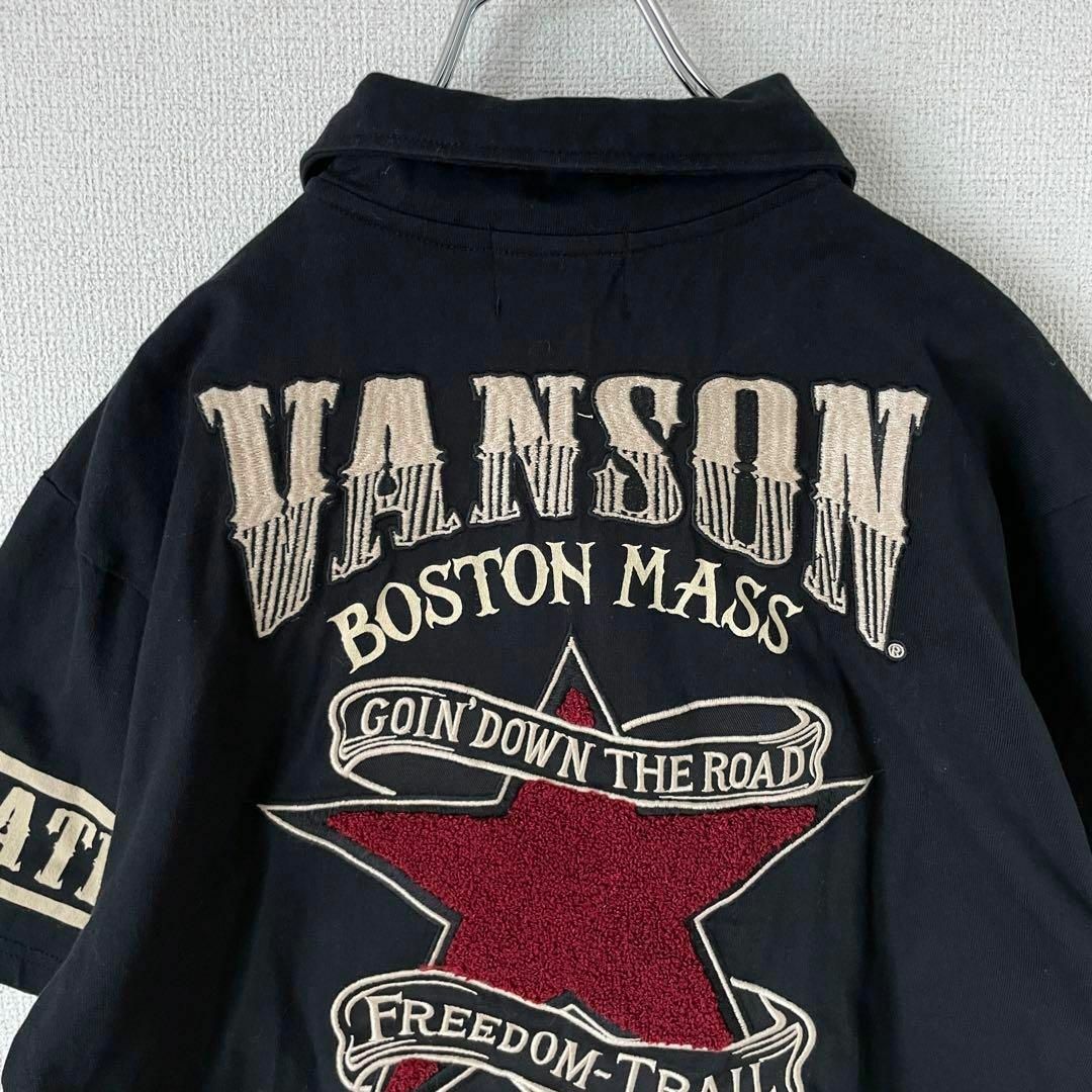 【背面ビッグ刺繍ロゴ】VANSON半袖ポロシャツ黒ダブルポケット　バイクL