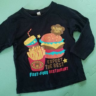 ハンバーガープリント綿100ロンT 黒くま 90男の子&女の子 長袖 薄手 春秋(Tシャツ/カットソー)