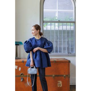 bluelea Silky Jacquard Blouse AW (Navy)(シャツ/ブラウス(長袖/七分))