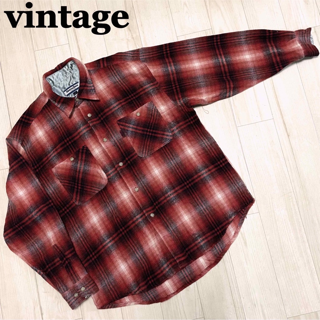 vintage オンブレ ネルシャツ シャドーチェック Lサイズ 赤系