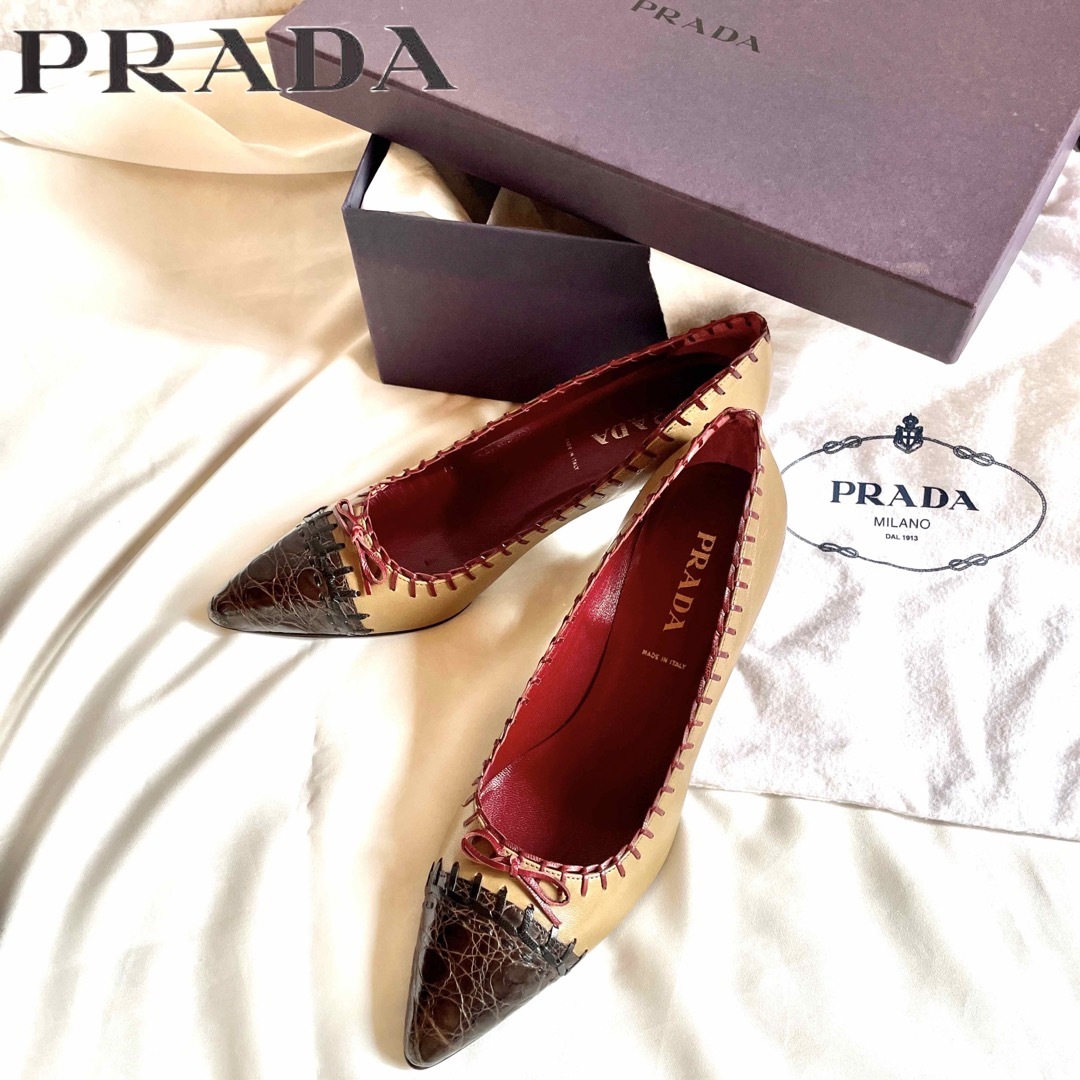 PRADA - 極美品 PRADA プラダ ステッチ リボン 型押し レザー エナメル