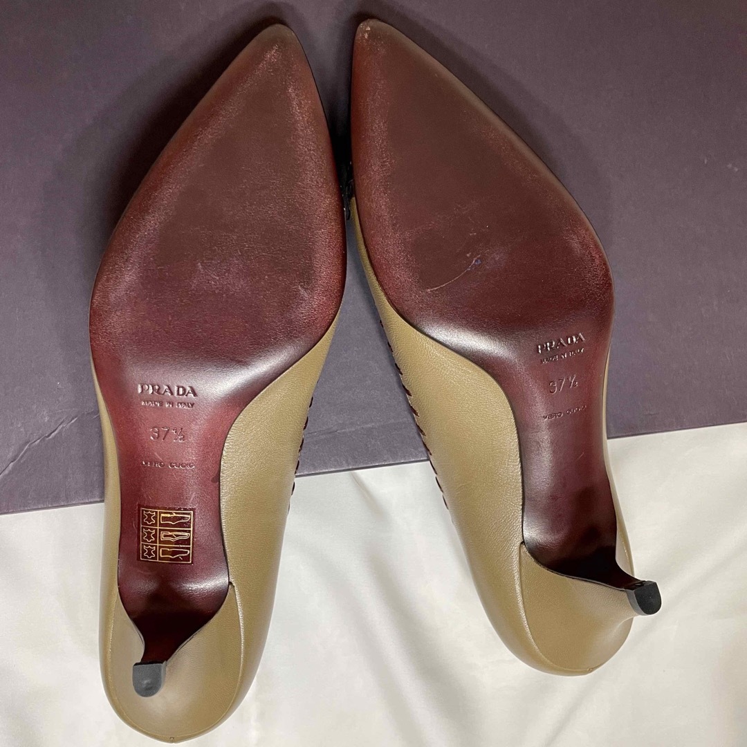 極美品 PRADA プラダ ステッチ リボン 型押し レザー エナメル パンプス