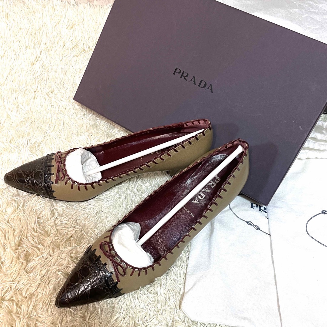 極美品 PRADA プラダ ステッチ リボン 型押し レザー エナメル パンプス