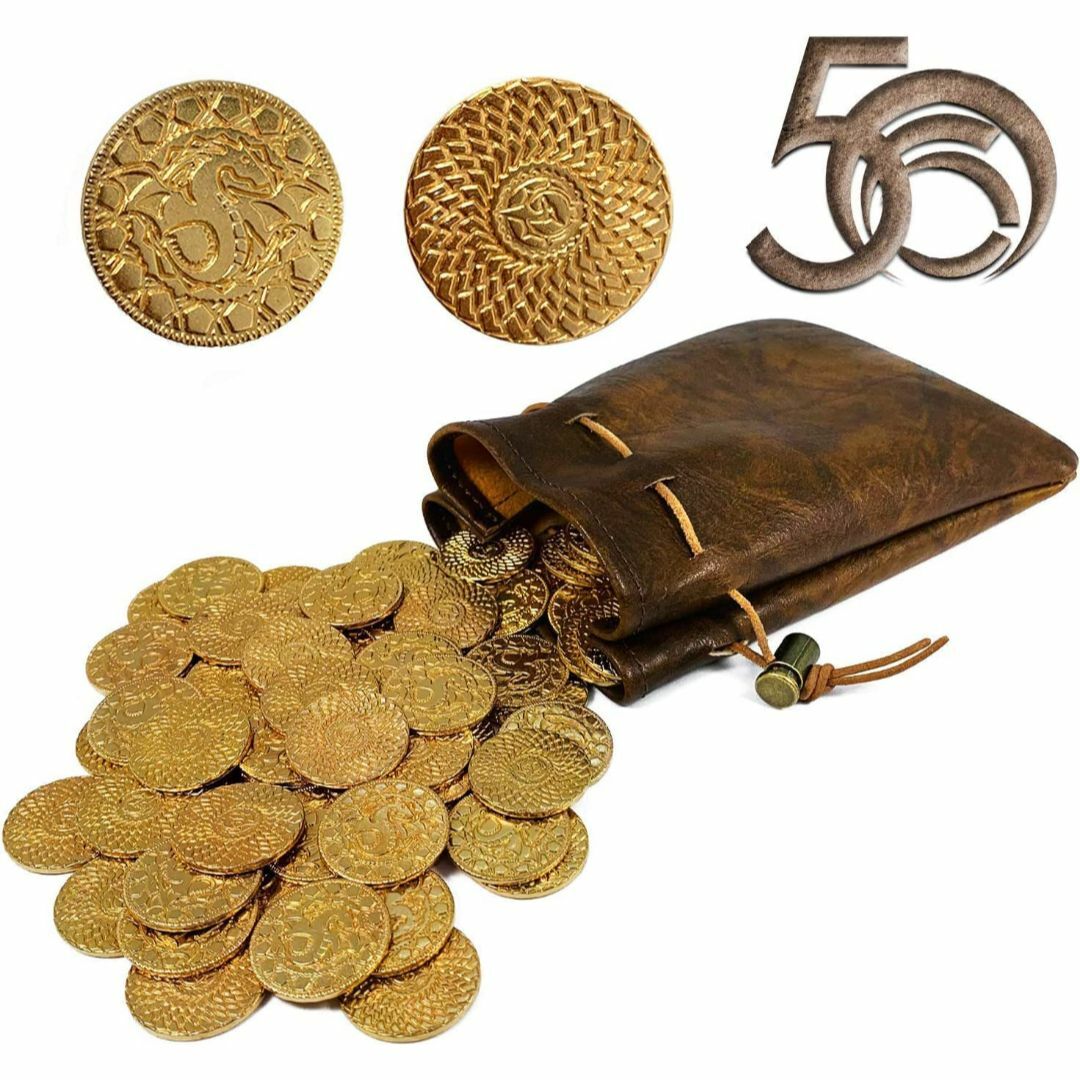 コインおもちゃ50個、RPG用金貨、DNDテーブルゲームコイン、PUレザー収納バ