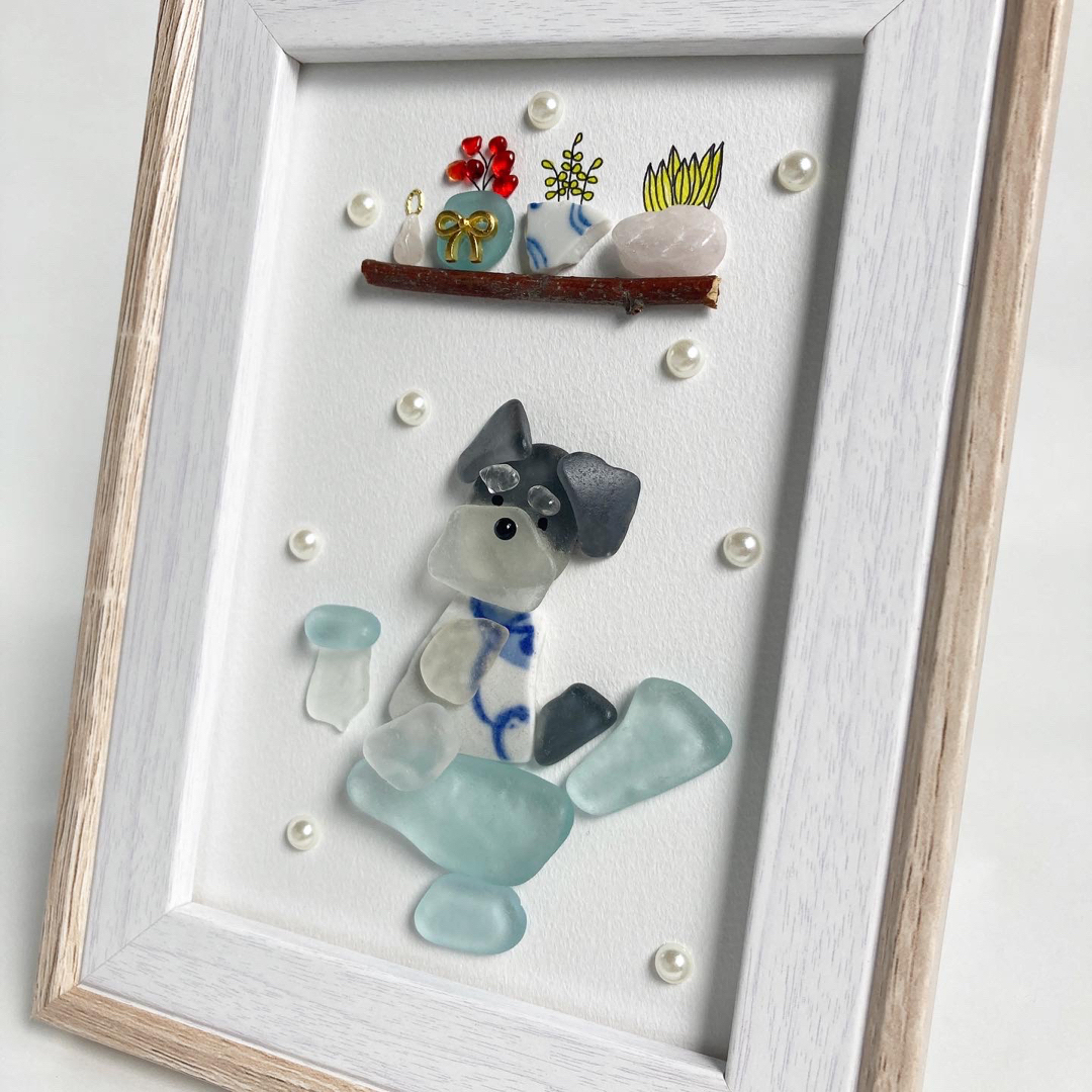 大きめサイズ シーグラスアート シュナウザー トイレット 犬 プレゼント 北欧 ハンドメイドのインテリア/家具(アート/写真)の商品写真