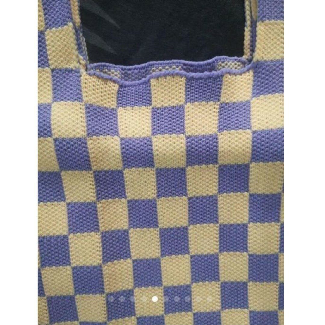 新品 韓国 AW チェッカーボード パープル ニット バッグ 秋 冬 バイカラー レディースのバッグ(トートバッグ)の商品写真