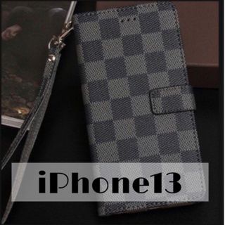 チェック柄 手帳型 iPhoneケース iPhone13 ブラック(iPhoneケース)