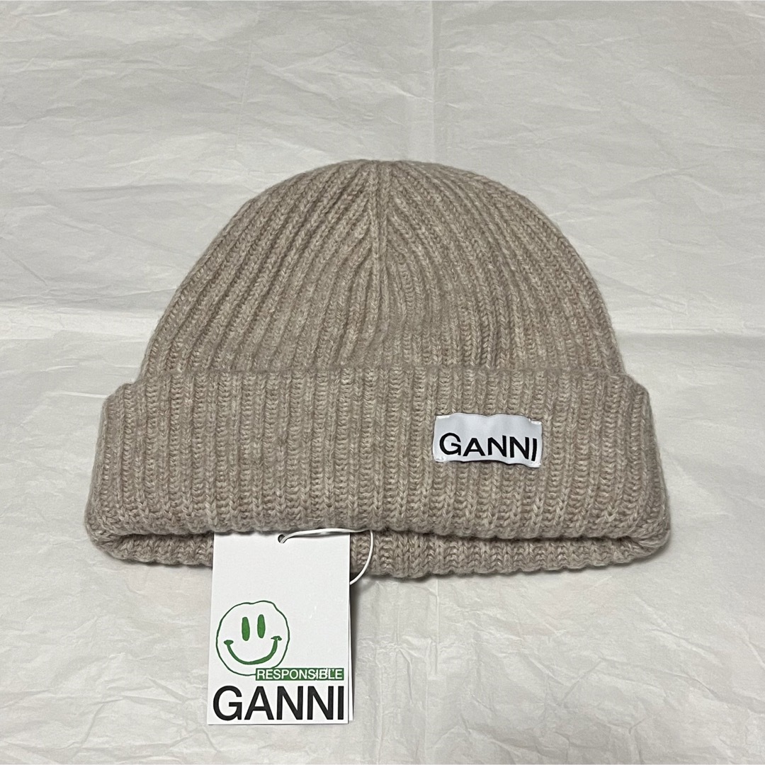 【正規品保証】新品 GANNI ガニー ロゴパッチ  ビーニー　ニット帽　グレー