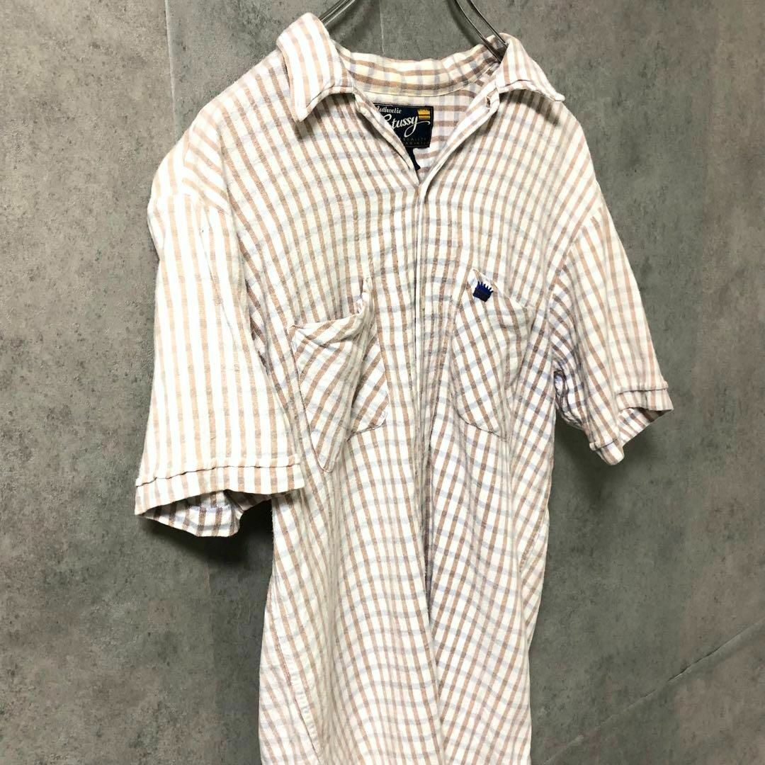 ステューシー シャツ ホワイト S チェック Authentic ワンポイント