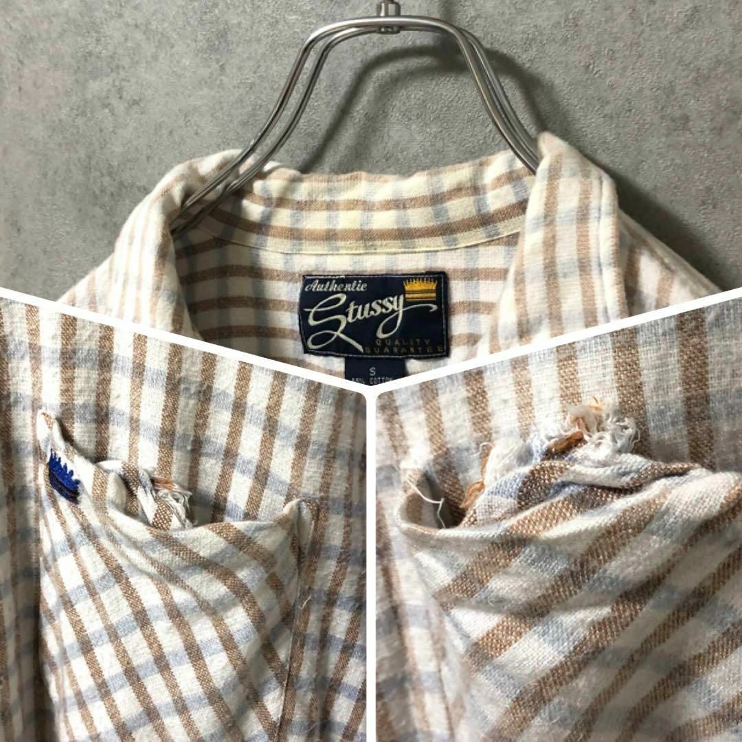 ステューシー シャツ ホワイト S チェック Authentic ワンポイント