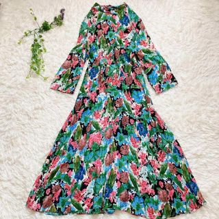 ボタニカル柄【ザラ】ZARA オシャレ刺繍アジアン総柄ワンピース XS 青×緑