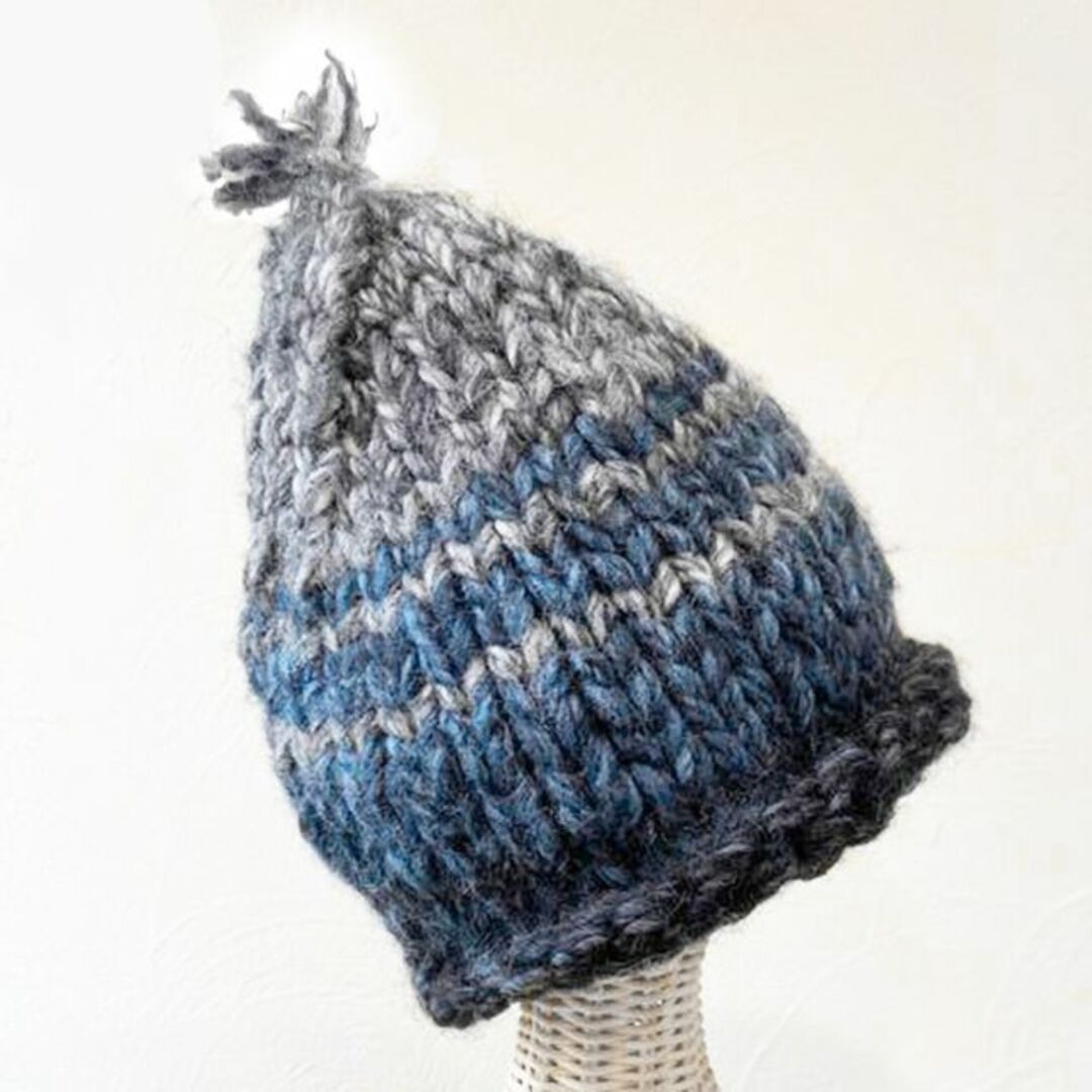 新品 45R✨インディゴ染め ウールアルパカ ミックス ローゲージ手編みニット帽