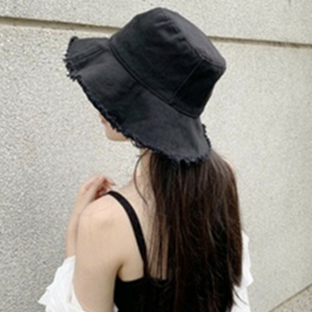 フレア フリンジ ハット レディース 黒  無地 プチプラ 帽子 韓国 美品 レディースの帽子(ハット)の商品写真