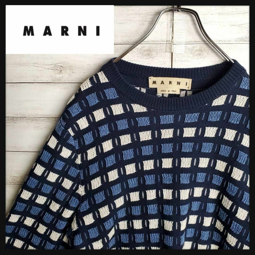 【レアデザイン】マルニ チェック ニット セーター ブルー 刺繍 コットン 4443身幅