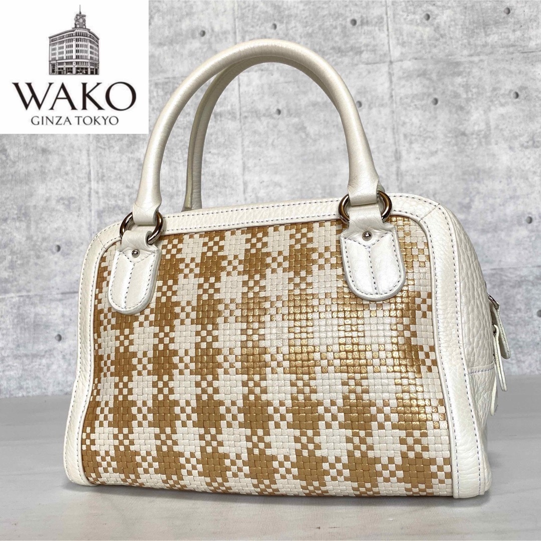 美品】WAKO 銀座和光 ホワイト×ゴールド メッシュ レザー ハンドバッグ