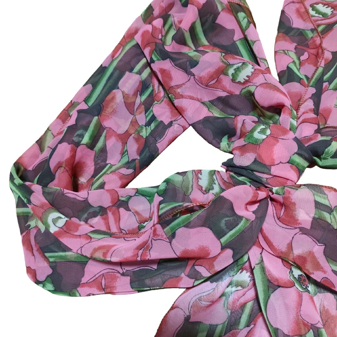 ロングスカーフ芥子の花ポピー花柄アネモネ黒地ブラック赤レッド化繊長さ170幅53 ハンドメイドのファッション小物(スカーフ)の商品写真