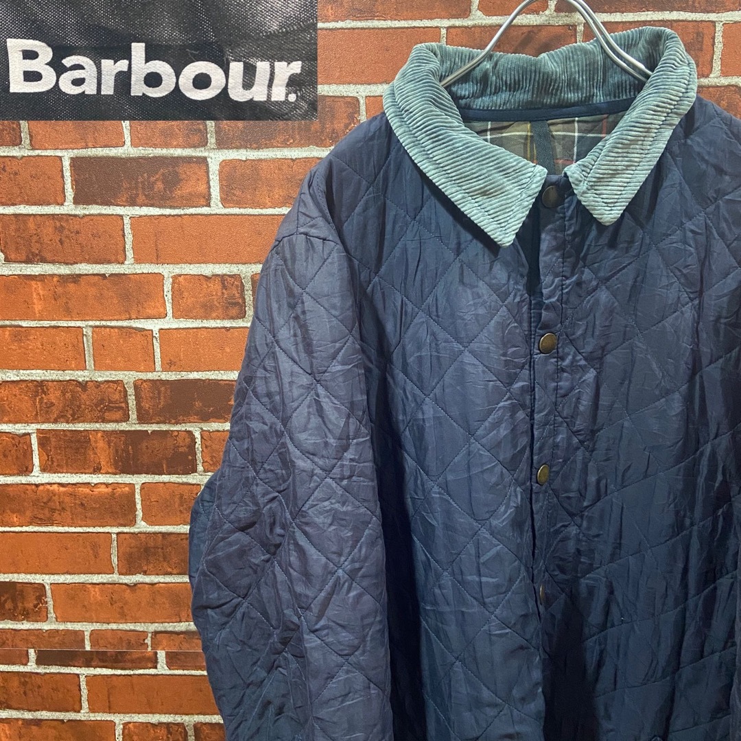 Barbour(バーブァー)の【希少】Barbour キルティングジャケット 襟コーデュロイ 古着 ネイビー メンズのジャケット/アウター(ブルゾン)の商品写真