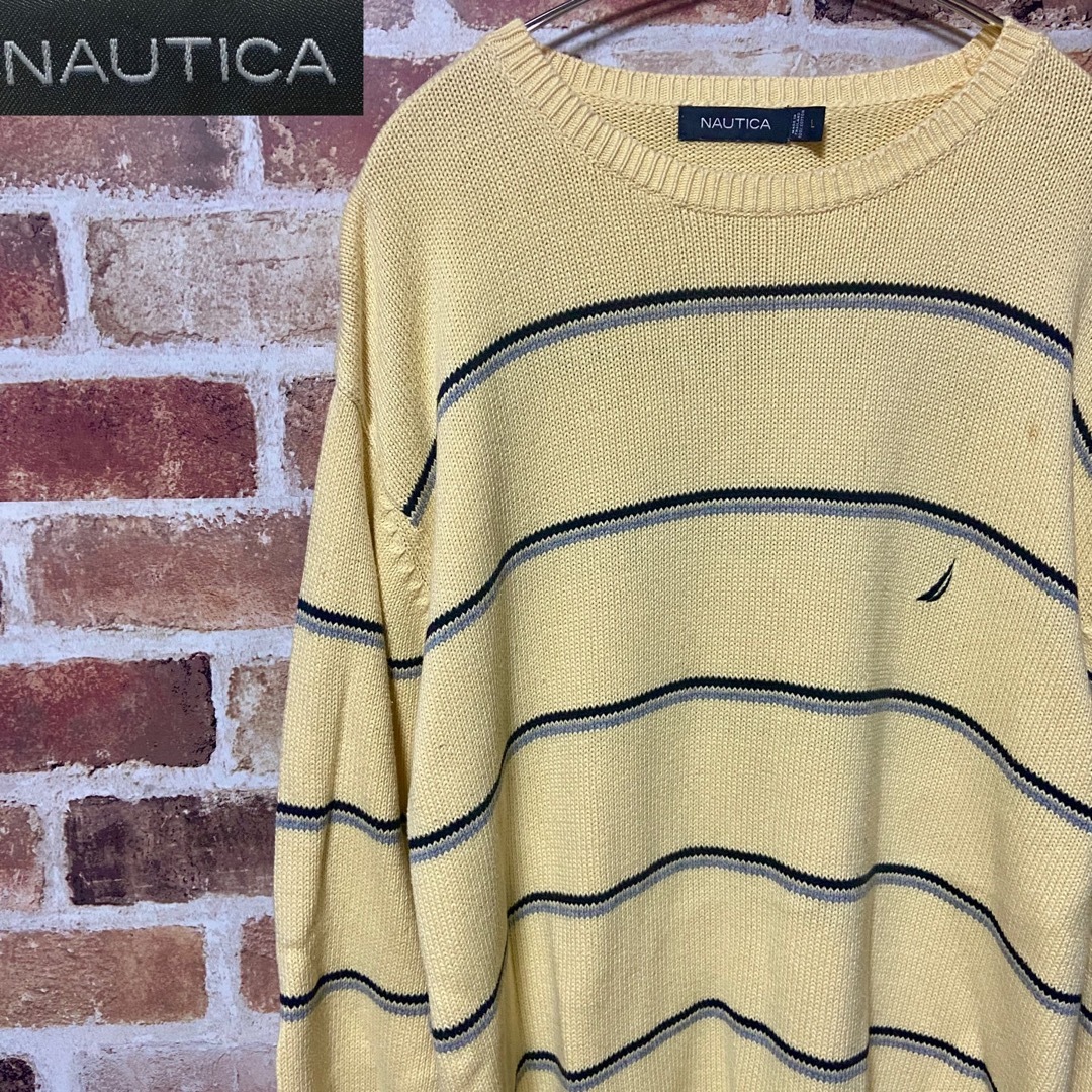 NAUTICA(ノーティカ)の【レア】M66 NAUTICA ボーダーニット 古着 コットンニット 刺繍ロゴ メンズのトップス(ニット/セーター)の商品写真