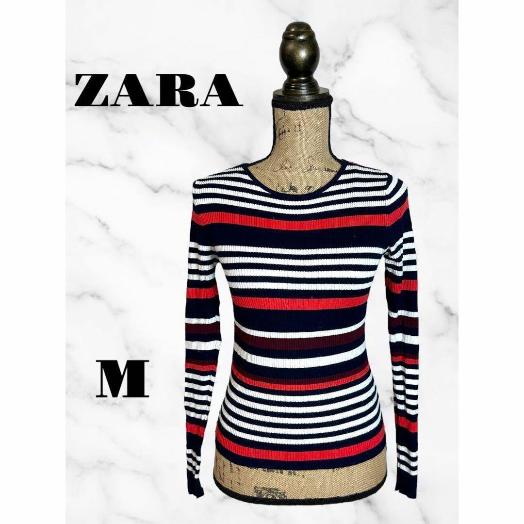 ZARA(ザラ)の【ZARA】ボーダーリブニット　クルーネック　薄手　春秋　袖スリット　赤黒系　M レディースのトップス(ニット/セーター)の商品写真