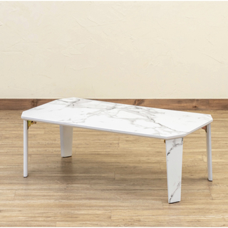 【新品】センターテーブル　90×50（マーブルホワイト）　折れ脚　ローテーブル(ローテーブル)