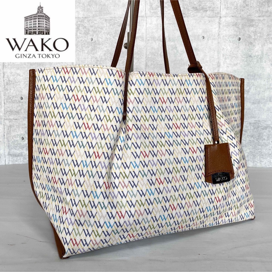 WAKO】銀座和光 カラフル Wモノグラム PVC A4 肩掛けトートバッグ-