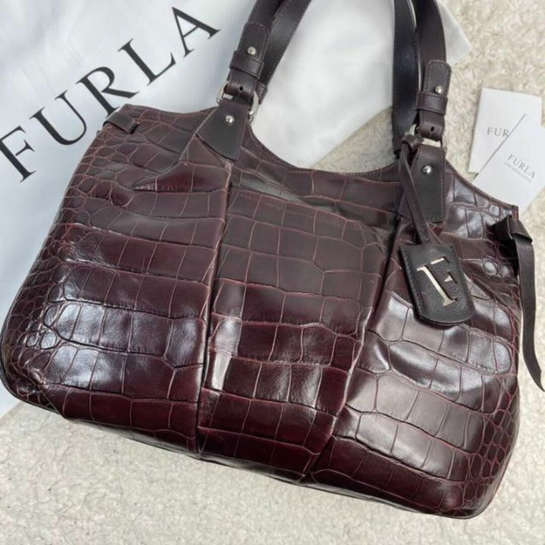 ✨美品✨FURLA フルラ ハンドバッグ トートバッグ　クロコ型押し　ボルドー