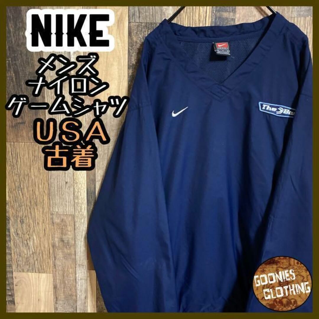 ナイキ ゲームシャツ チーム ロゴ スウッシュ ナイロン USA古着 ネイビー | フリマアプリ ラクマ