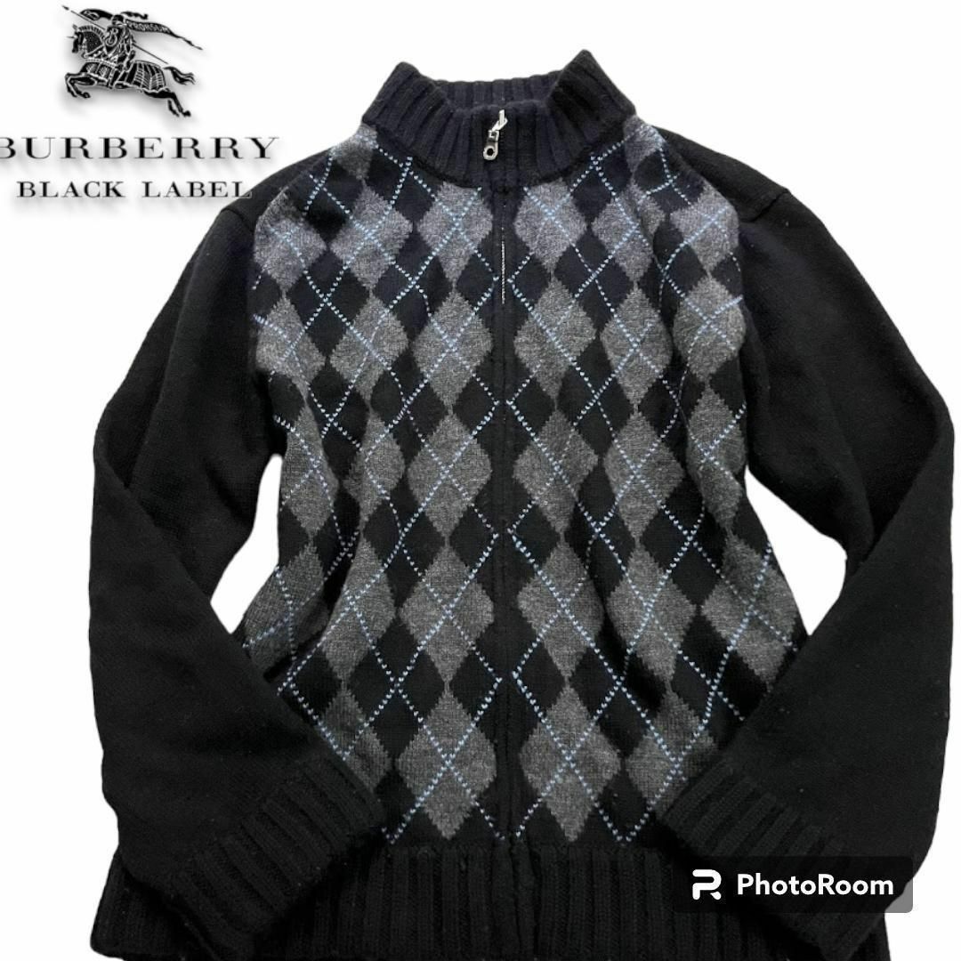 バーバリーブラックレーベル 厚手セーター　アーガイル　ウール　ブラック×ブルー