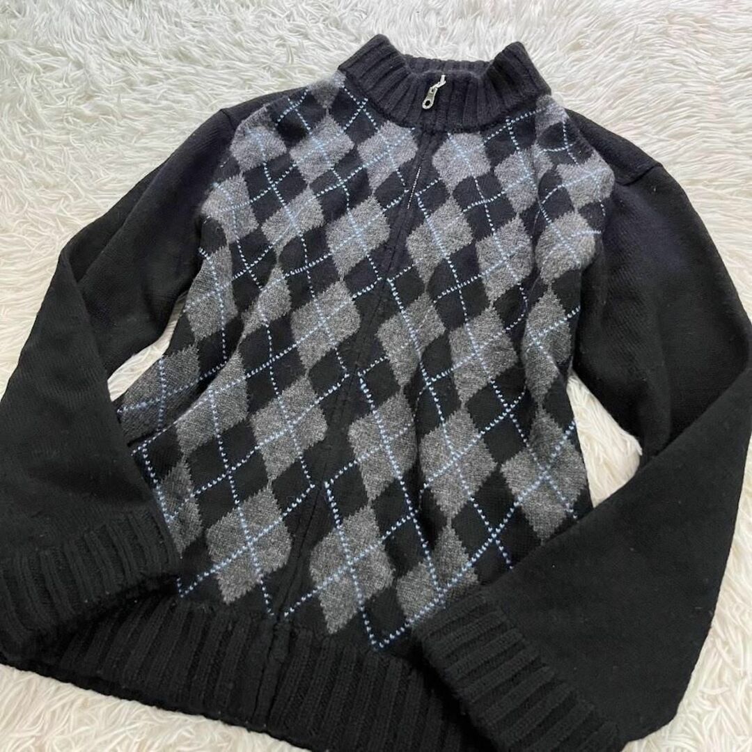 バーバリーブラックレーベル 厚手セーター　アーガイル　ウール　ブラック×ブルー 1