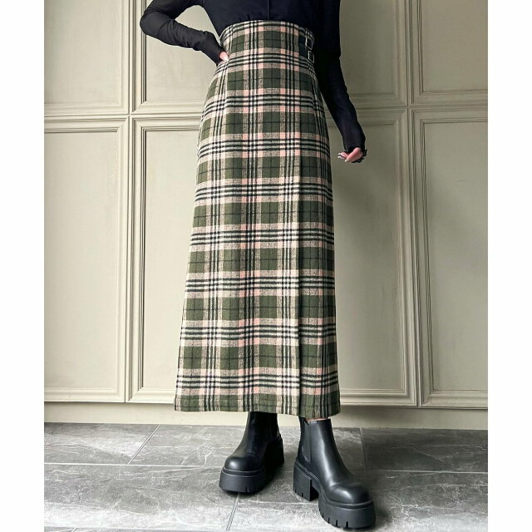 JUNOAH(ジュノア)の【グリーン】ハイウエストラップ風チェックスカート レディースのスカート(ロングスカート)の商品写真