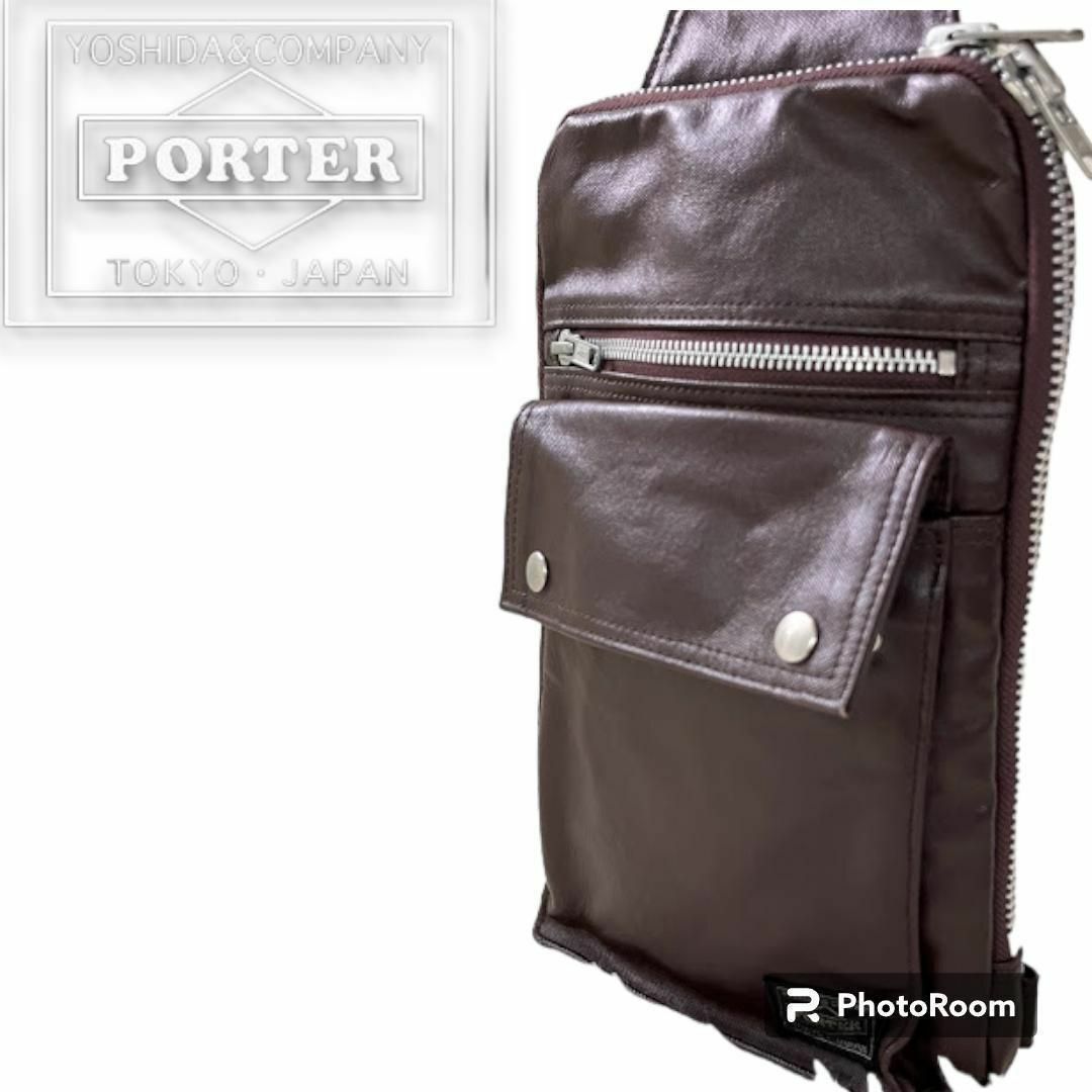 PORTER - PORTER ポーター ブラウン レザー ショルダーバッグ 無地の