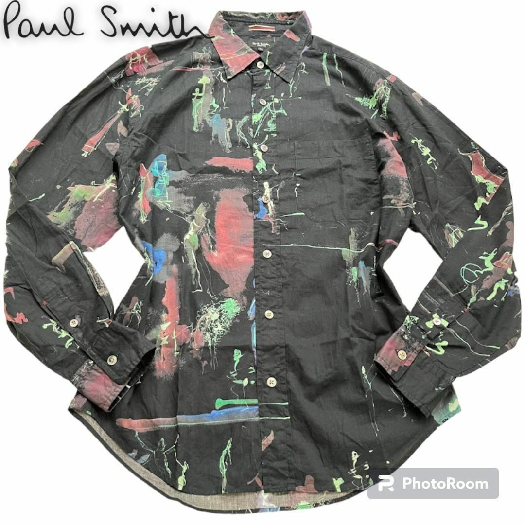 Paul Smith ロンドン　長袖シャツ　L　コットン　総柄　ブラック