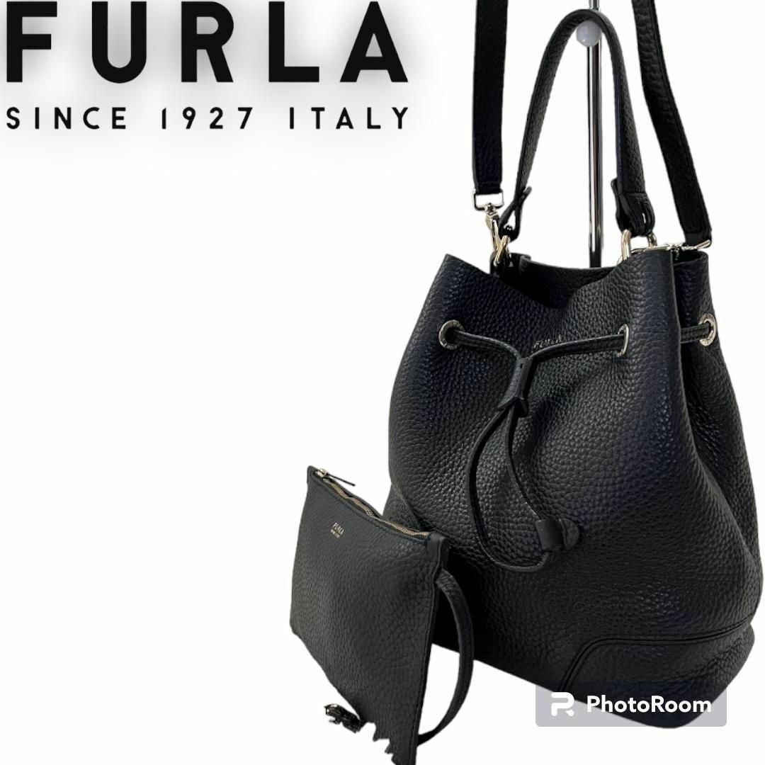 Furla - フルラ 巾着型 ショルダーバッグ レザー ポーチ付き ブラック