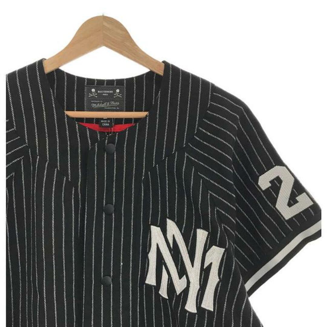 【新品】  mastermind JAPAN / マスターマインドジャパン | × MITCHELL&NESS AUTHENTIC WOOL JERSEY / ストライプ ベースボール シャツ | L | Black | メンズTシャツ/カットソー(半袖/袖なし)